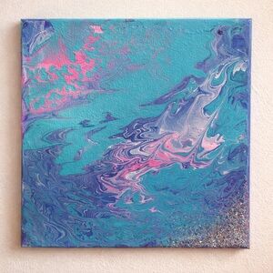 Cosmic Drift | Abstract Blue & Pink Fluid Art Painting – 12x12 Original Canvas